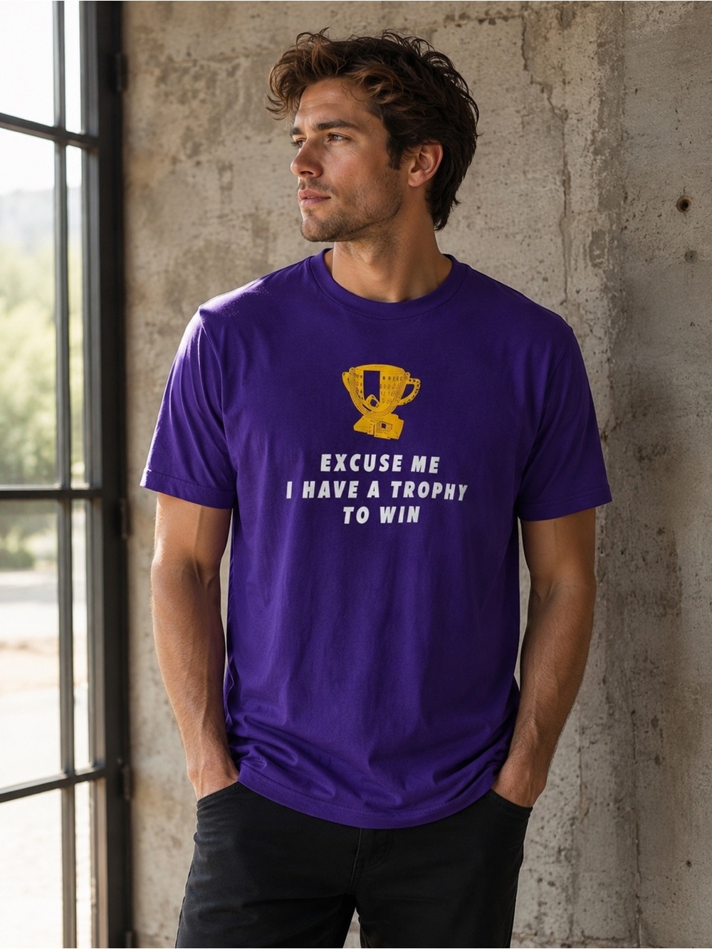 Purple Graphic T-Shirt with Trophy Design